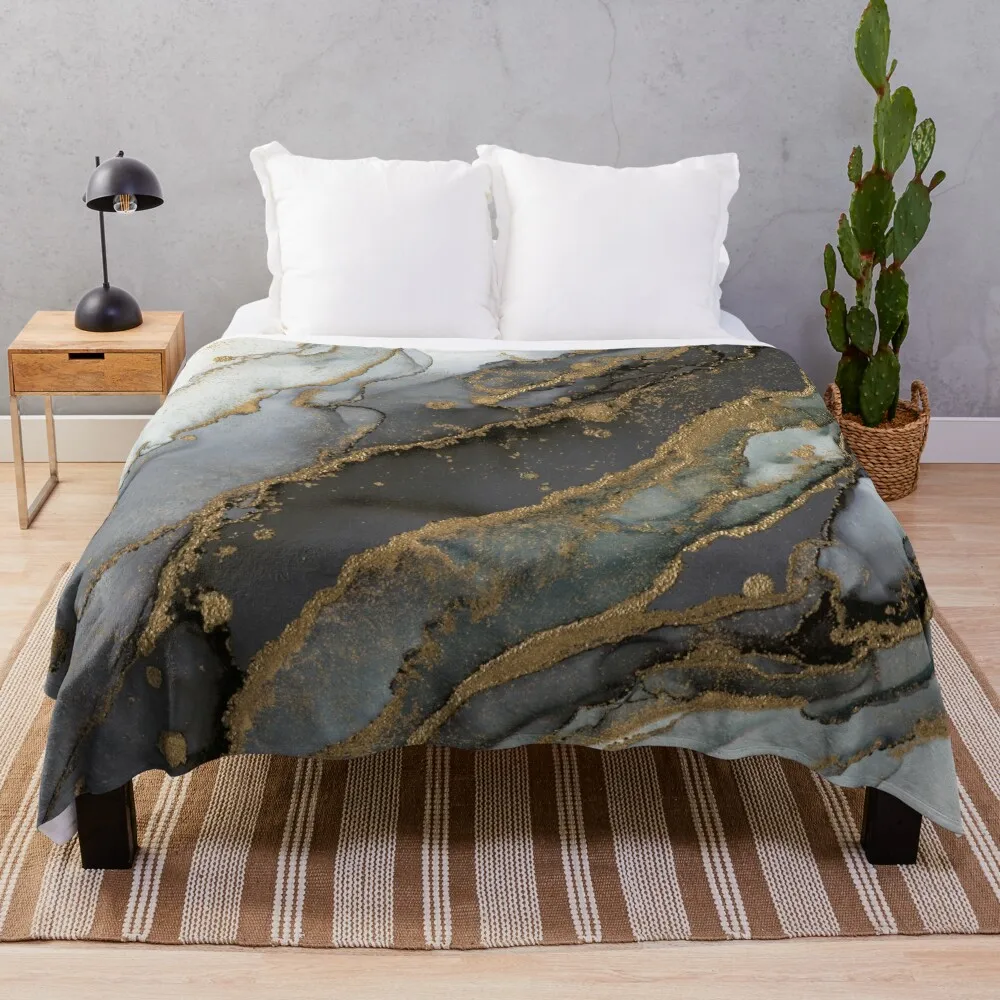 Moody Marble Ink Gold Black Throw Blanket Dorm Room Essentials Blanket Sofa Giant Sofa Blanket Thermal Blankets For Travel