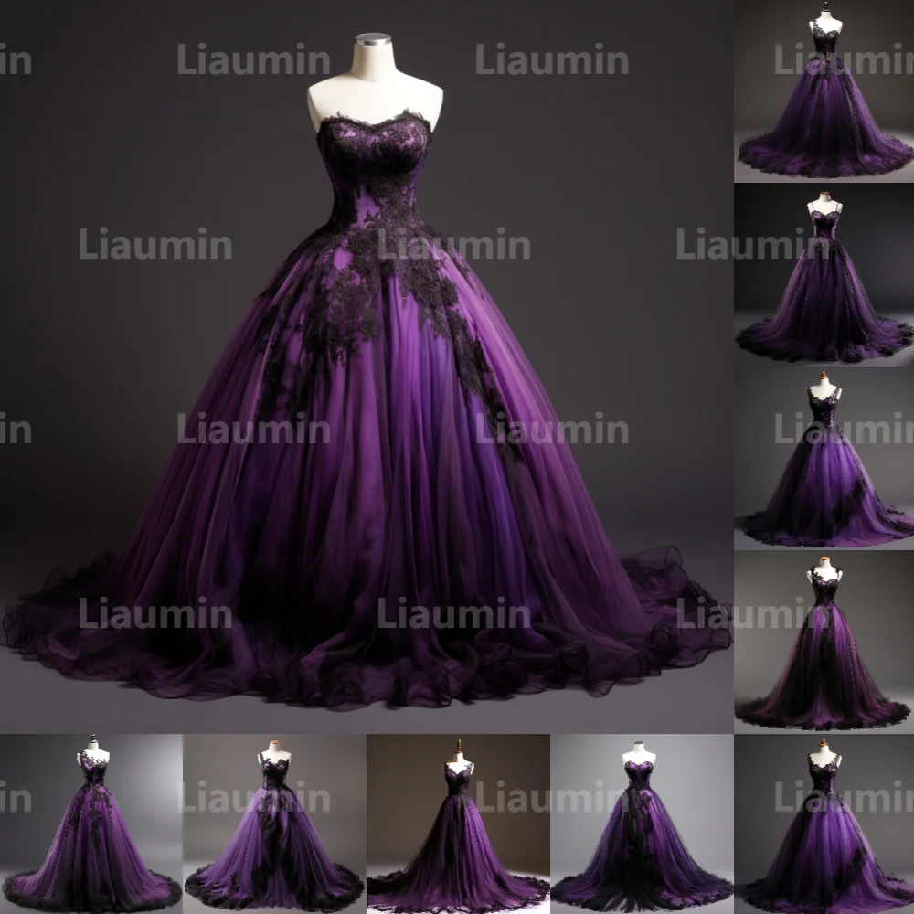 Purple Tulle And Black Lace Strapless Evening Dress Prom Gowns A Line Full Length Formal Brithday Party Skirt Lace Up Back A2-3