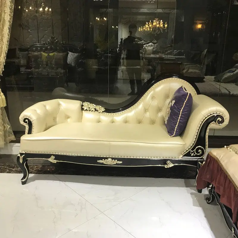 European solid wood leather concubine sofa simple European luxury carved concubine chair first layer cowhide