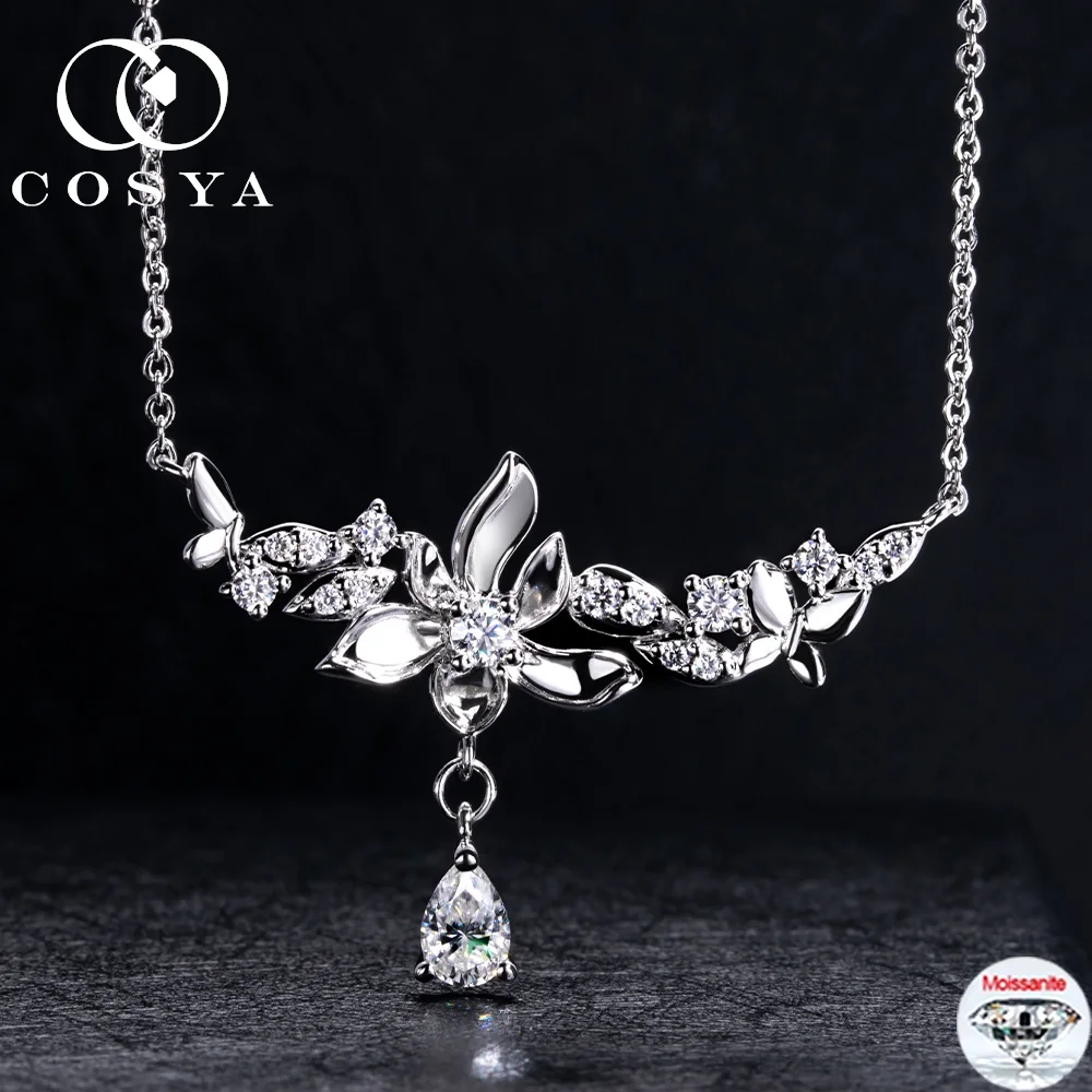 

COSYA Full Moissanite Flower Pendant Necklace For Women S925 Silver Waterdrop D Color Lab Diamond NeckChain Party Fine Jewelry