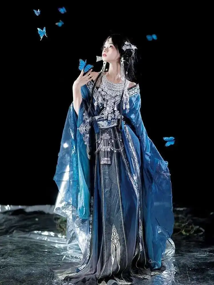 

New Hanfu Dress Miao Girl Embroidery Dress Set Dynasties Large Sleeves Hanfu Full Waist Skirt Blue Dress Cos Western Princess