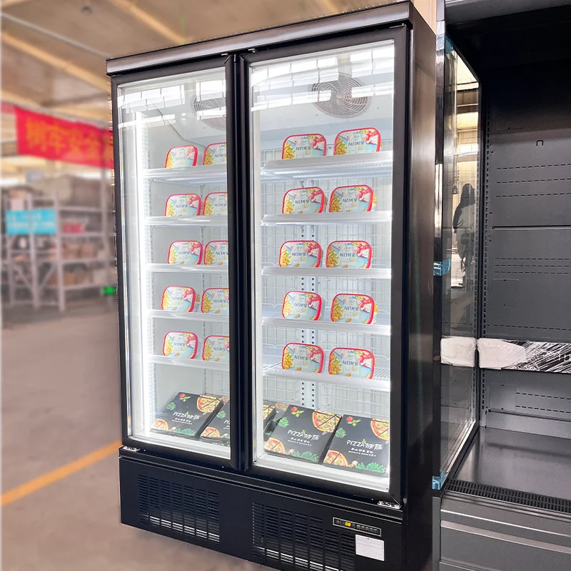 تخصيص العرض العمودي الفريزر التجاري تستقيم المبرد خزانة المواد الغذائية المجمدة مع باب زجاجي للسوبر ماركت