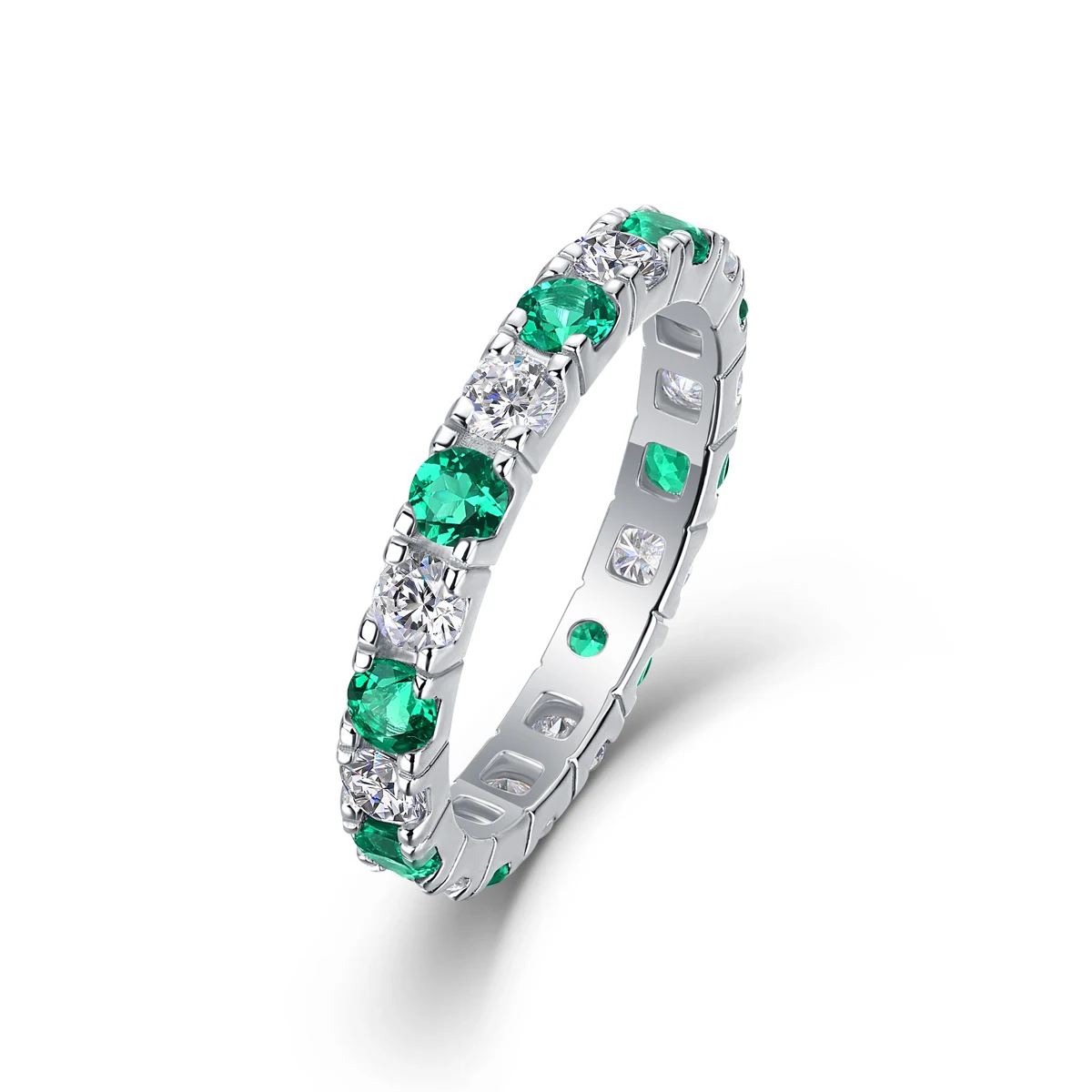 

Luxurious S925 Silver Ring with Alternating Moissanite & Green Emeralds, 18K Gold Plated, Premium Design, Includes GRA Certifica