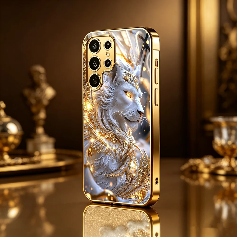 Noble White Lion Gold Tempered Glass TPU Fashion phone case for Samsung Galaxy S26/S25/S24/S23/S22/S21 FE Ultra Plus Shockproof