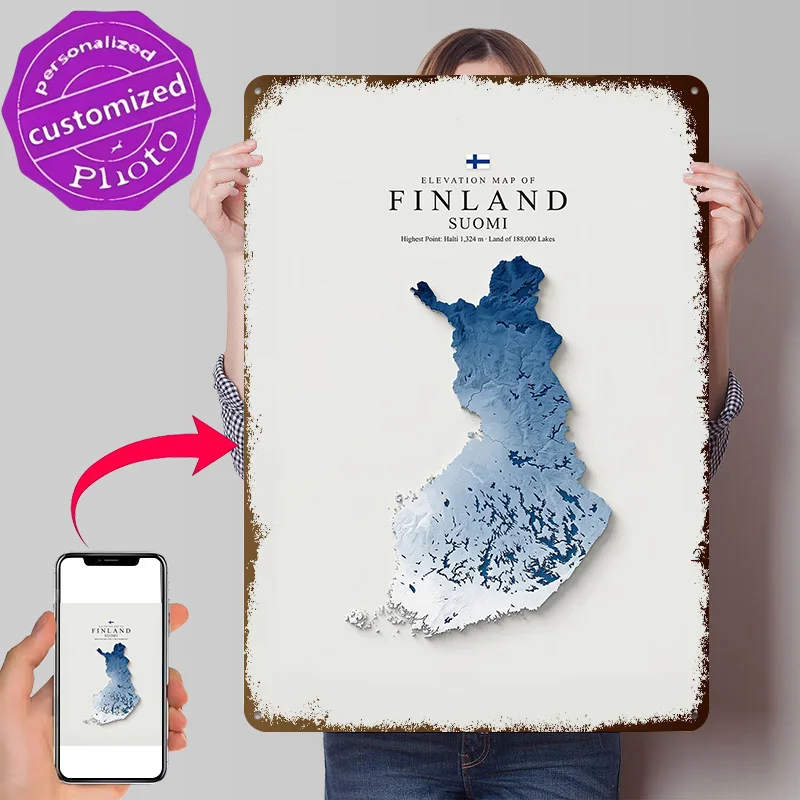 Finland Elevation Map Personalized 3D Textured Metal Poster Wall Art Tinplate Sign for Room Decorations Man Garage Accessories