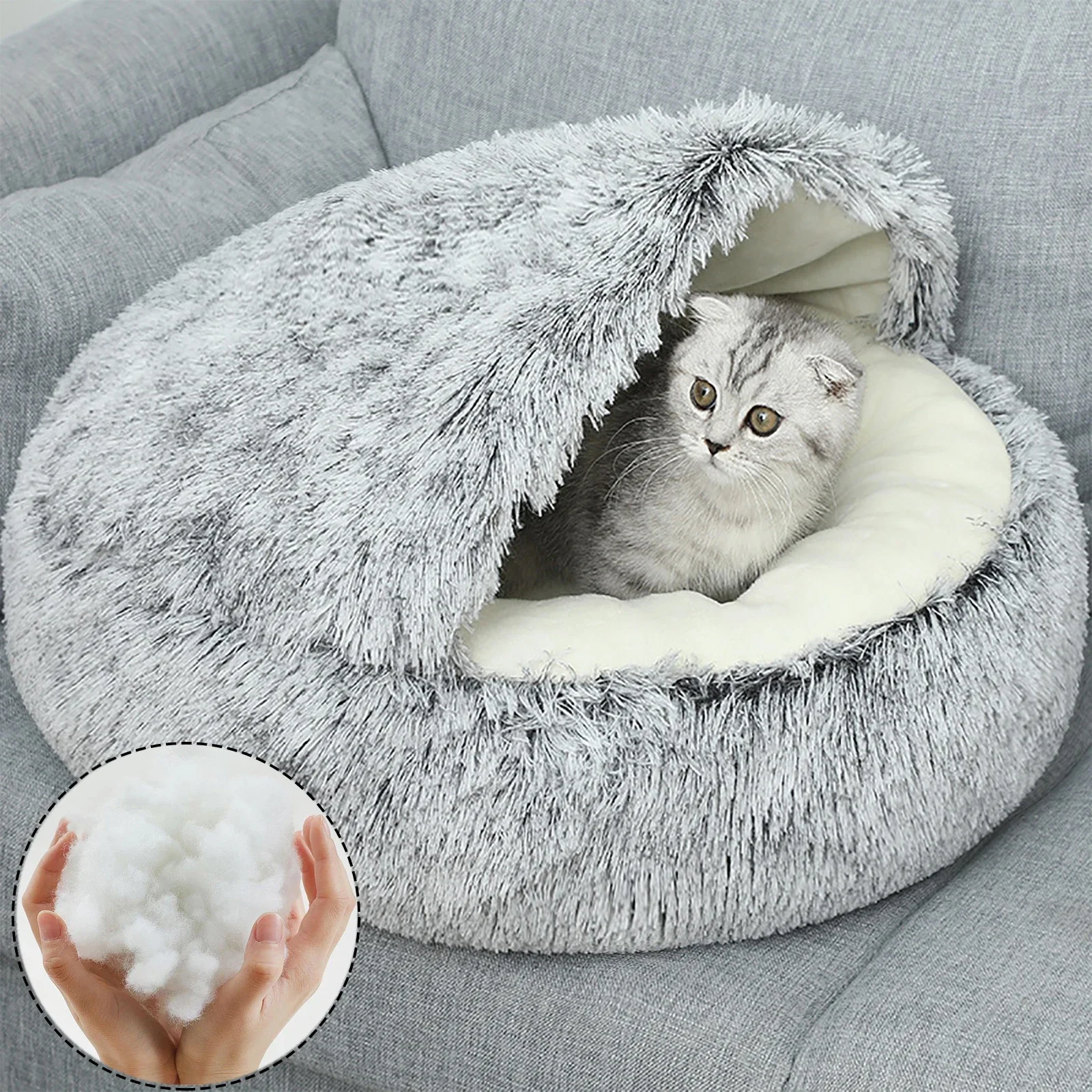 Soft Plush Round Cat Bed, Warm Comfortable Winter Long Plush Pet Cat Bed, Semi Enclosed Cat Nest for Small Dogs, Sleep Bag