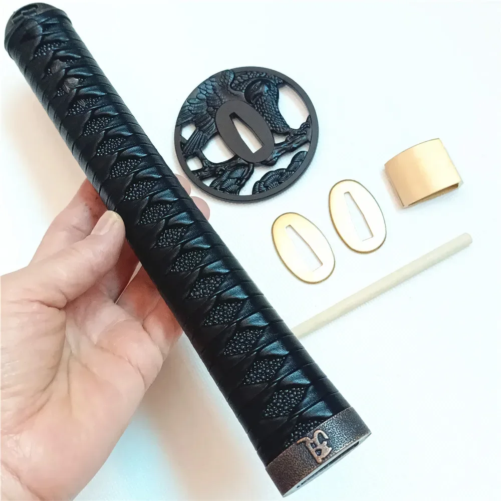 27cm Tsuka Handle Black Tsuba Black Imitated Rayski with Black leather Ito For Japanese Samurai Sword Katana/Wakizashi Fittings