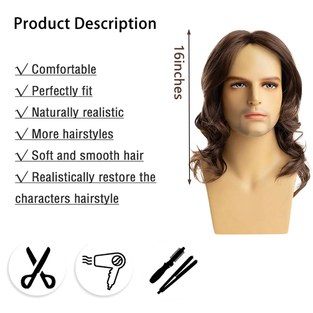 Men Long Curly Brown Wig 70s 80s Rocker Shoulder Length Natural Wave Synthetic Hair For Cosplay Halloween Disco Party Costume
