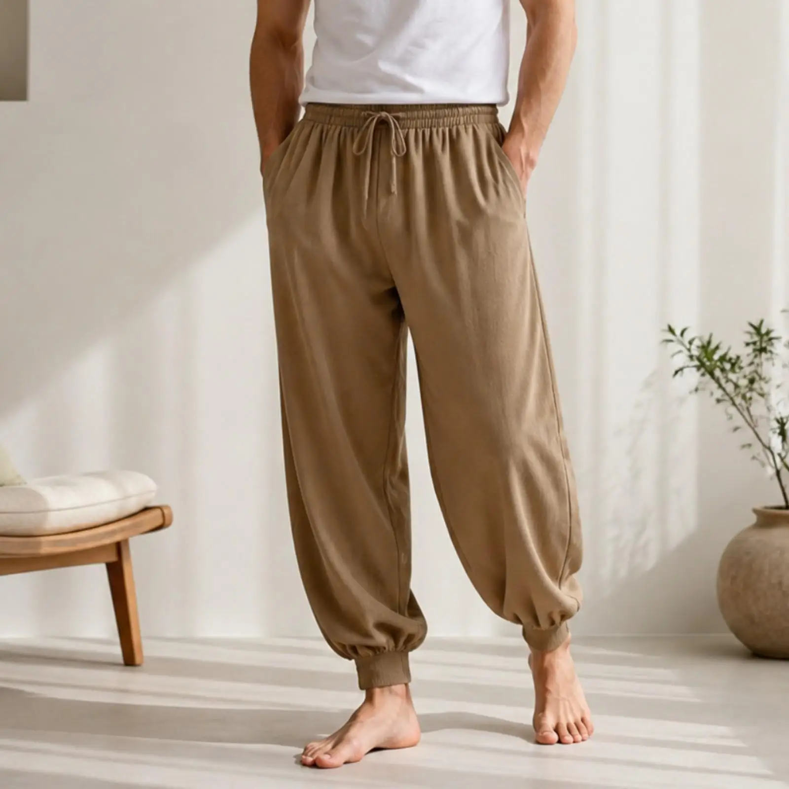 Straight-Leg Joggers with Side Pockets Soft-Treated Elastic Cuff Casual Pants Mid-Increase Jogger Pants with Drawstring Waist