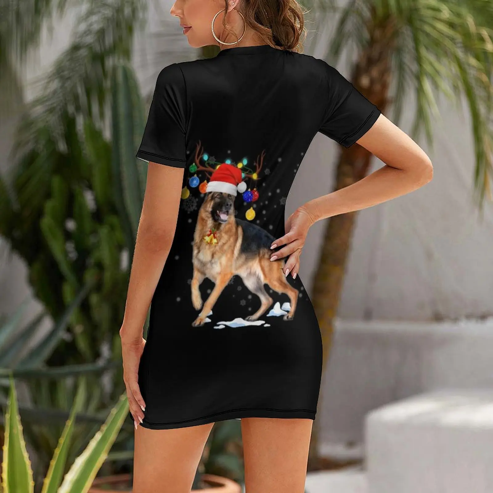 Christmas Lights German Shepherd Dogs Short Sleeved Dress Clothing female