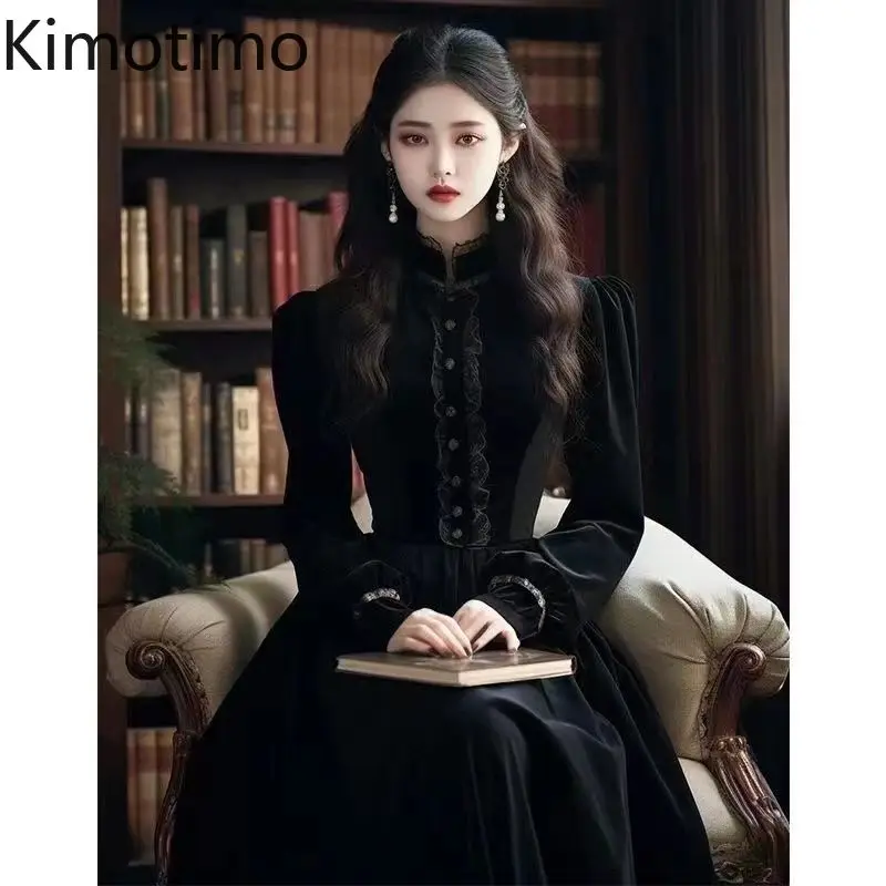 Kimotimo French Retro Velvet Evening Dresses Women Autumn Winter Elegant Long Sleeve Waist A-line Banquet Party Long Dress Robe