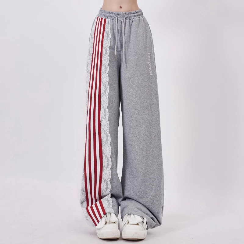 

Dophee Casual Grey Sweatpants Women Retro Lace Stripes All-match Loose Straight Pants Elastic Waist Spice Girls Sports Trousers