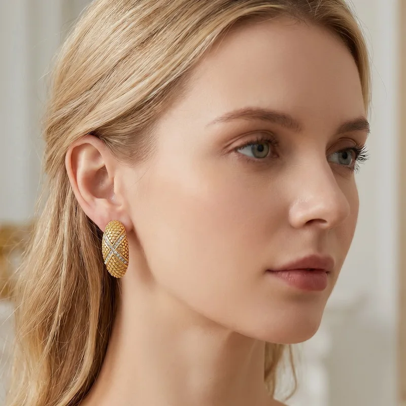 KALEN Stainless Steel Women Oval Stud Earrings Dotted Texture Cross X Zircon Inlay Gold Silver Tone Vintage Fashion Ear Jewelry