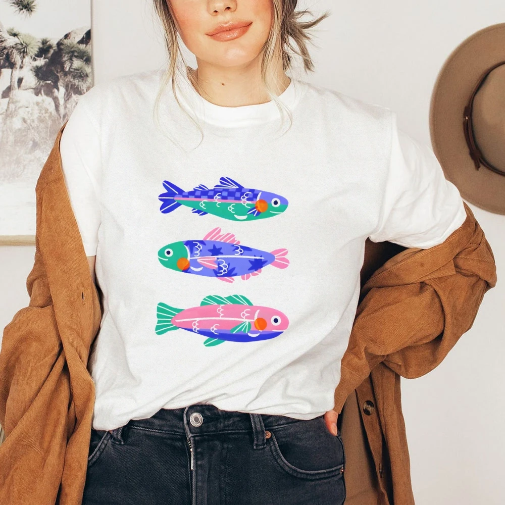 

Women Graphic Cotton T-Shirt Y2k Inspired Casual Tee Top Women Soft Comfortable Fit lLvely Fish Versatile Stylish Everyday Wear