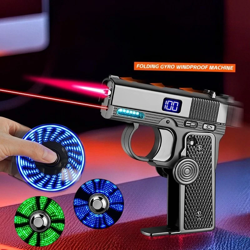 Metal Laser Illuminated Folding Lighter, Pressure Reducing Gyroscope Multifunctional Gun Type Battery Display Cigarette Lighter