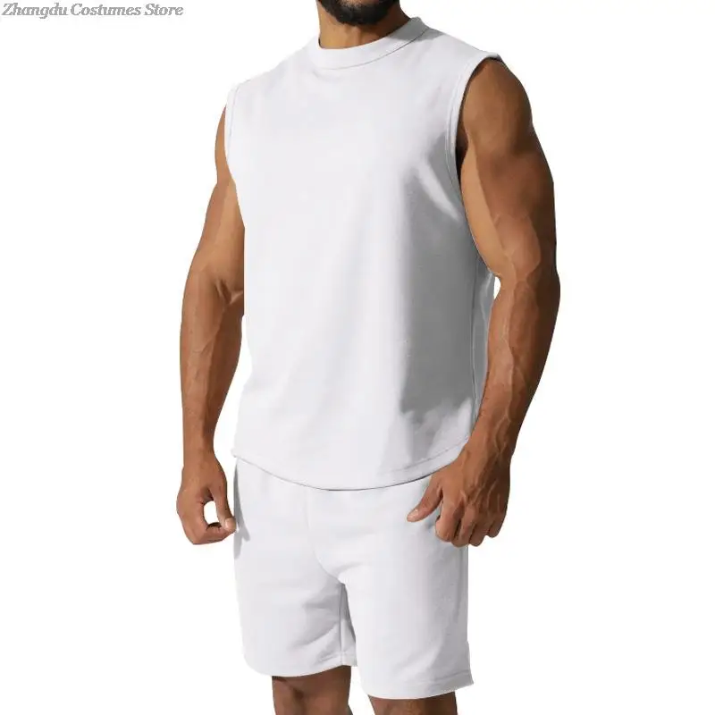Male Summer Ythin Casual Sleeveless Vest Shirts Pants 2 Piece Set Men Gym Workout Sleeveless Tank Tops Shorts Set