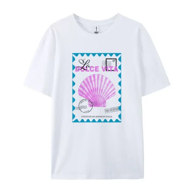 Plus Größe Frauen Italien Küsten T-shirts Vintage Shell Stempel T-Shirts Kurzarm Nette Ästhetische Baumwolle Grafik Top Weibliche Kleidung