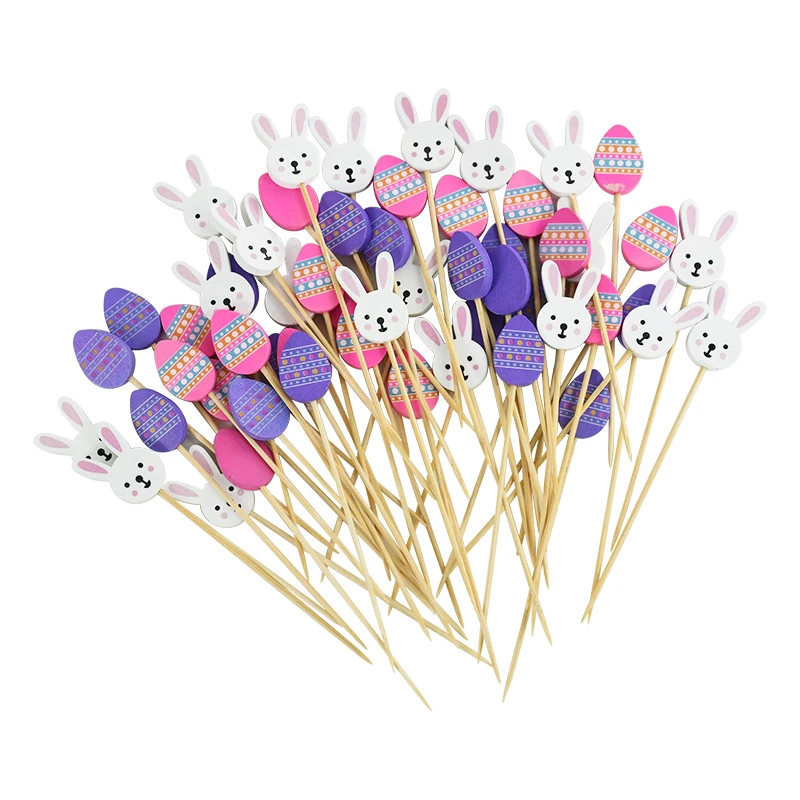 

100Pcs Disposable Bunny Egg Chick Rabbit Bamboo Skewers Buffet Fruit Snacks Cocktail Picks Easter Party Dessert Salad Sticks