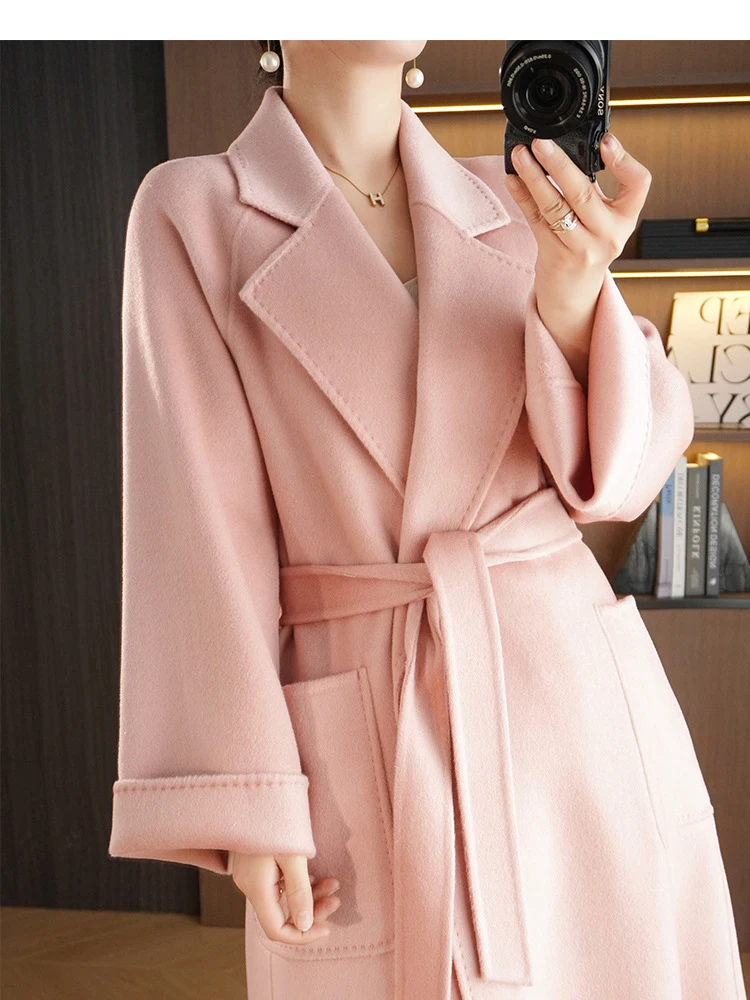 RosEvans High Quality Water Ripple Pink Double-sided Wool Jacket Belt Lapel Women coat Long Sleeve Long New Fashion Loose Coat