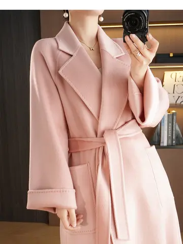 RosEvans 하이 퀄리티 워터 리플 핑크 양면 울 재킷, 벨트 라펠, 여성 코트, 긴팔, 신상 패션, 루즈 코트 Best5 RosEvans 하이 퀄리티 워터 리플 핑크 양면 울 재킷, 벨트 라펠, 여성 코트, 긴팔, 신상 패션, 루즈 코트 Best5