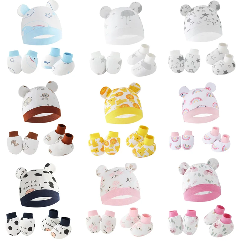 

Newborn Hat+Gloves+Socks Set for Baby Boy&Girl Cotton Fall Casual Photography Props Soft Headwear Infant Nightcap Fashion