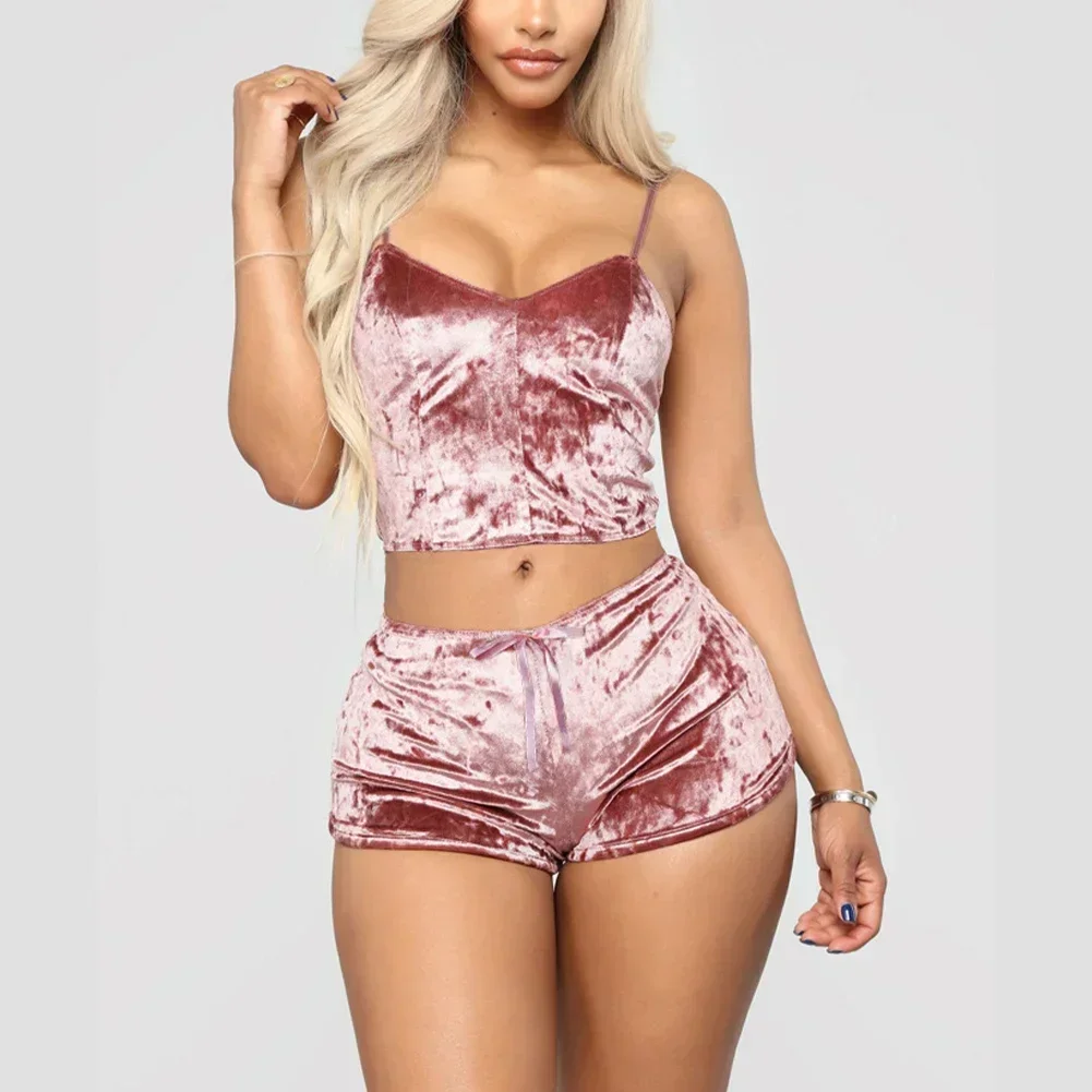 Ropa de dormir Sexy de verano para mujer, lencería con cuello en V, ropa de dormir con tirantes, Tops cortos, pantalones cortos, conjunto de pijama,