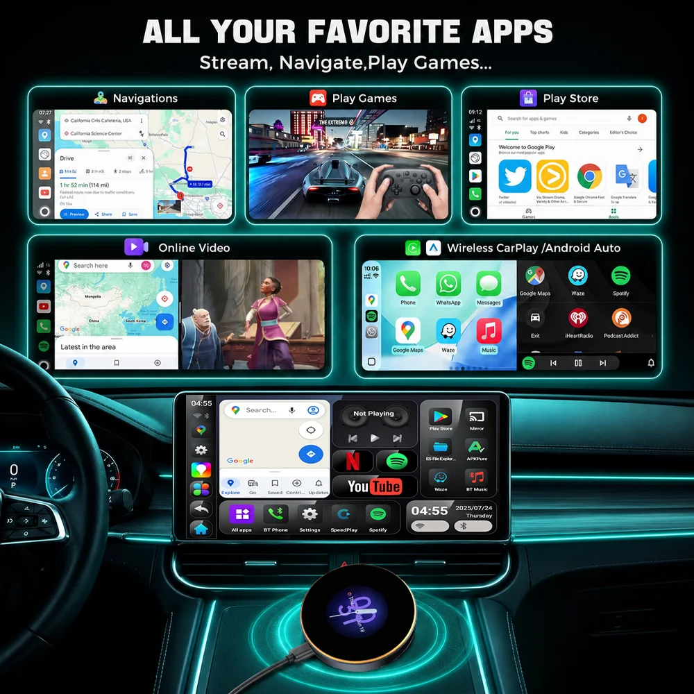 CarRocket Android 15.0 CarPlay AI Box 8GB 128GB Qualcomm 6350 8Core Multimedia Video Box 5G Lite,Wireless CarPlay & Android Auto view 5