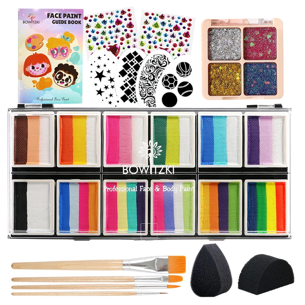 

Bowitzki 12x10gm Flower Fairy Professional Face Paint Kit And Body Paint Set One Stroke Split Cake Rainbow