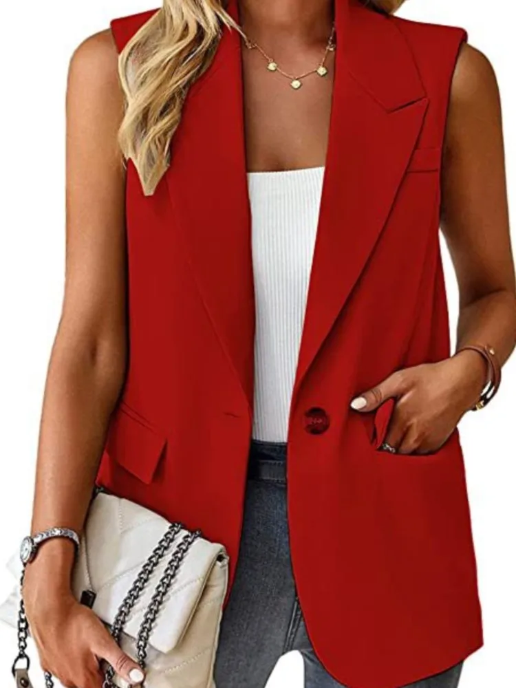 Casual Sleeveless Suit Vet Office Lady Spring Autumn Fashion Elegant Solid Turn Down Collar Blazer Coats For Women 2023 Tops