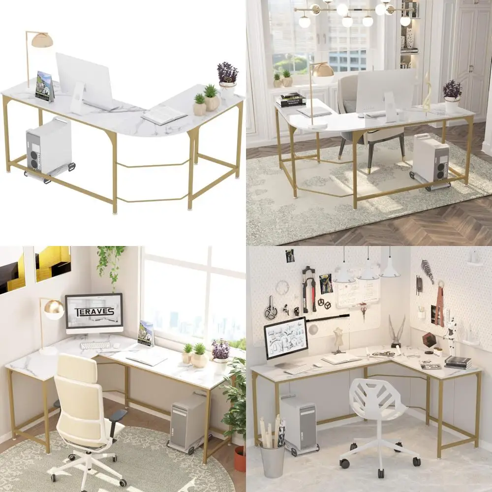 

Corner Gaming Desk, Modern Home Office Workstation, White L-Shaped Computer Desk for Study and Writing