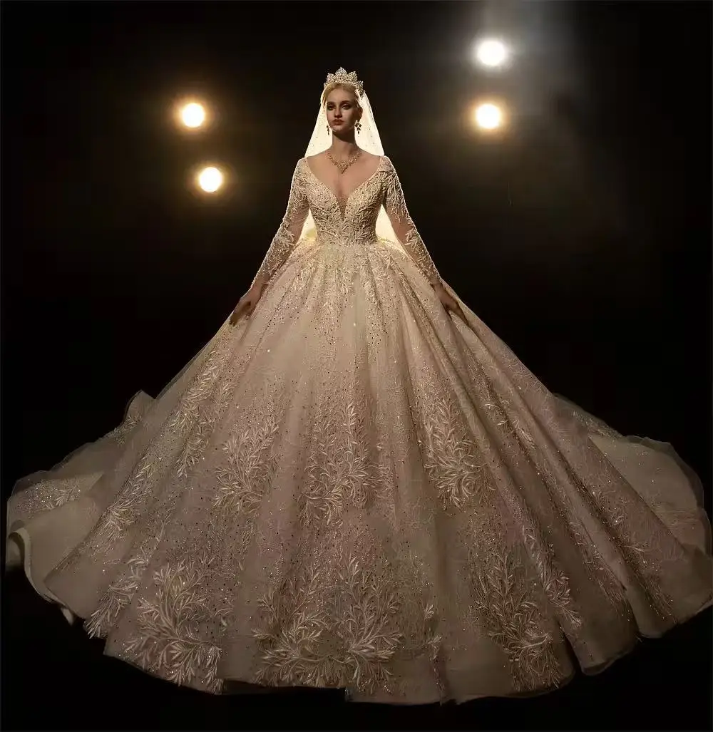 

Customized Gorgeous O Neck Beading Wedding Dresses Lace Up Back Bridal Ball Gown Appliques Beaded Shiny Lace Party Dress