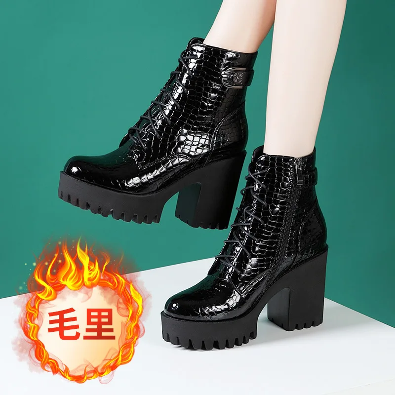 8cm Small Size 32-43 Thick Bottom Soft Leather Platform Shoes Fall Winter 2023 High Heels Ankle Boots Fur for Office Mom botines