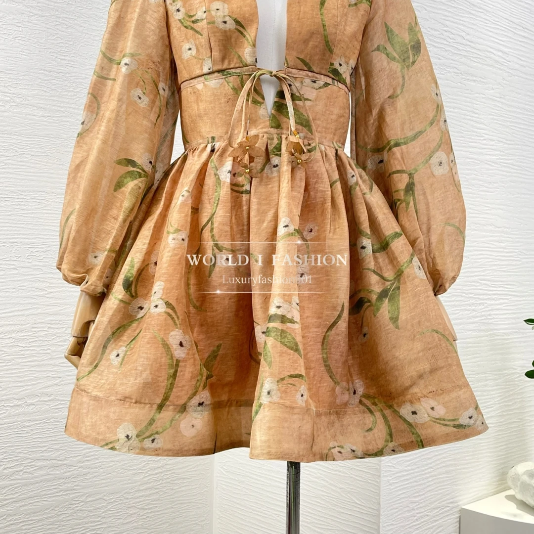 Holiday Style 2025 High Quality Linen Silk Orange Floral Print Long Sleeve V-Neck Pleats Lace-up Women Vintage Mini Dress