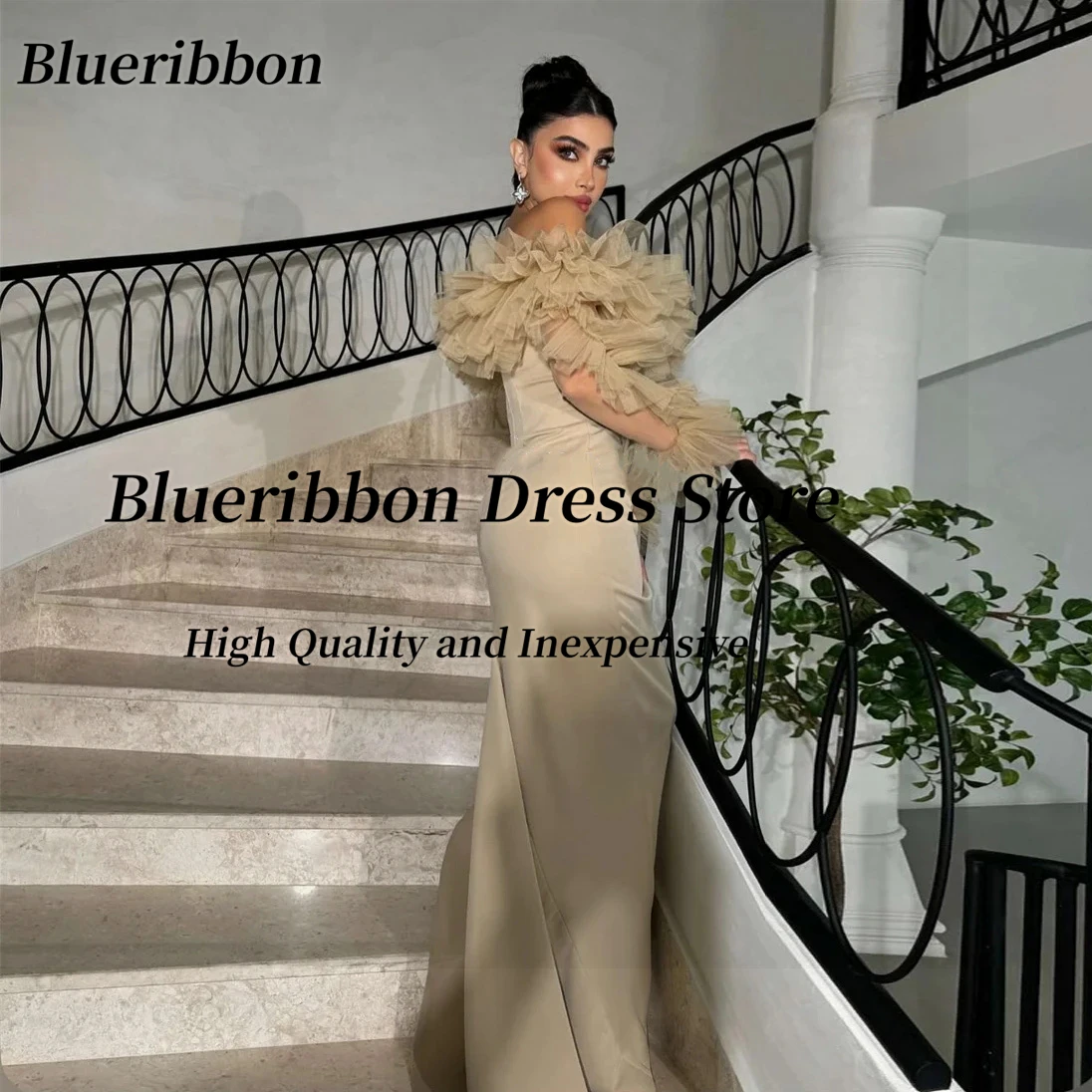 Blueribbon saudita vestidos de baile babados tule mangas compridas vestidos de noite com zíper voltar vestido de festa de aniversário personalizado
