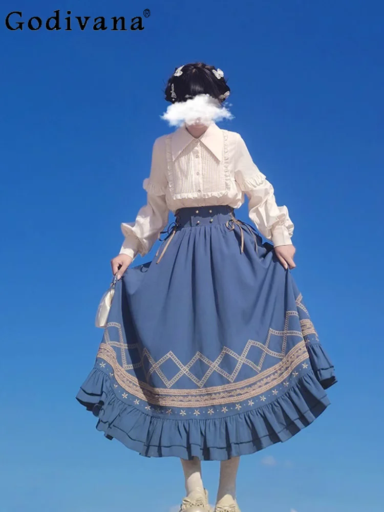 

Cos Halloween High Waist Blue Big Swing Ruffles Lolita Skirt Girl Loose Fashion Versatile Age Reduction Long Sleeve White Shirt