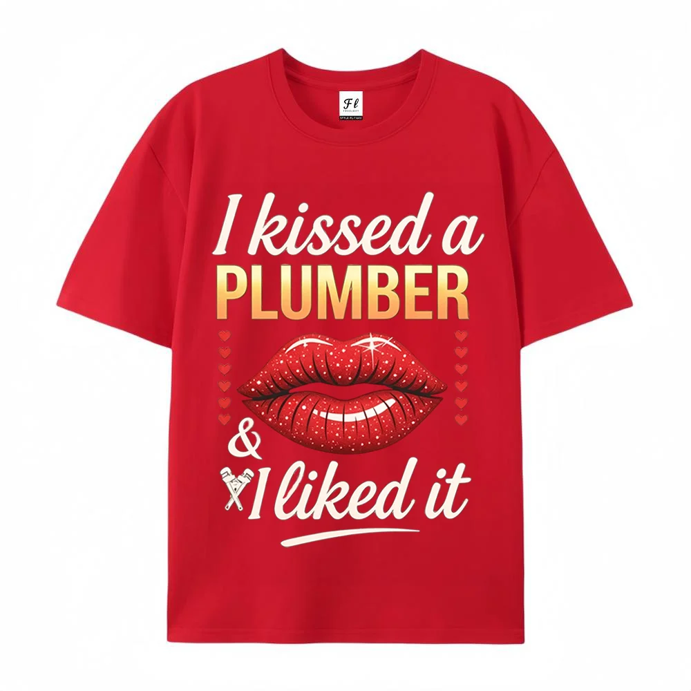 Women T Shirt I Kissed A Plumber And I Liked It Lips Print Red Vintage Oversized Short Sleeve Cotton Top Loose Graphic Tees Tops