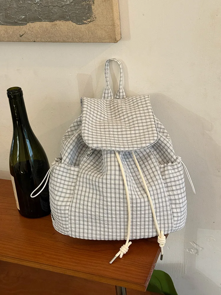 2026 New Plaid Drawstring Backpack, Large Capacity Student Backpack, Lightweight Nylon Backpack, Fashionable Casual Women's Bag