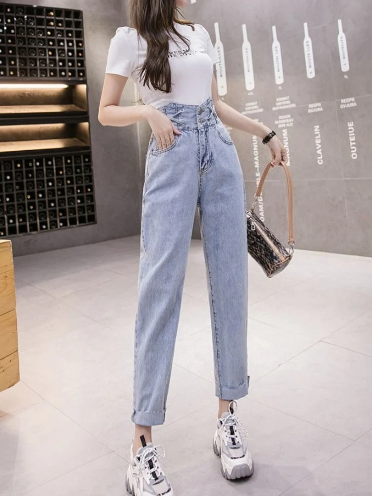 Korean College Style Women's High Waist Waist Cinching Two Button Cropped Jeans Casual Versatile Internet Famous Fashion Look