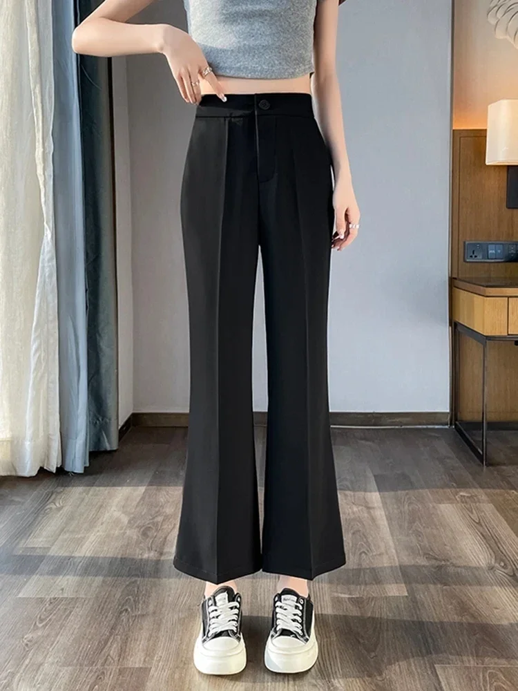 

Simple Fashionable Women's Pants Work Clothes Summer Black High Waisted Flared Pants, YK2 Slim Fit Solid Color Casual Women