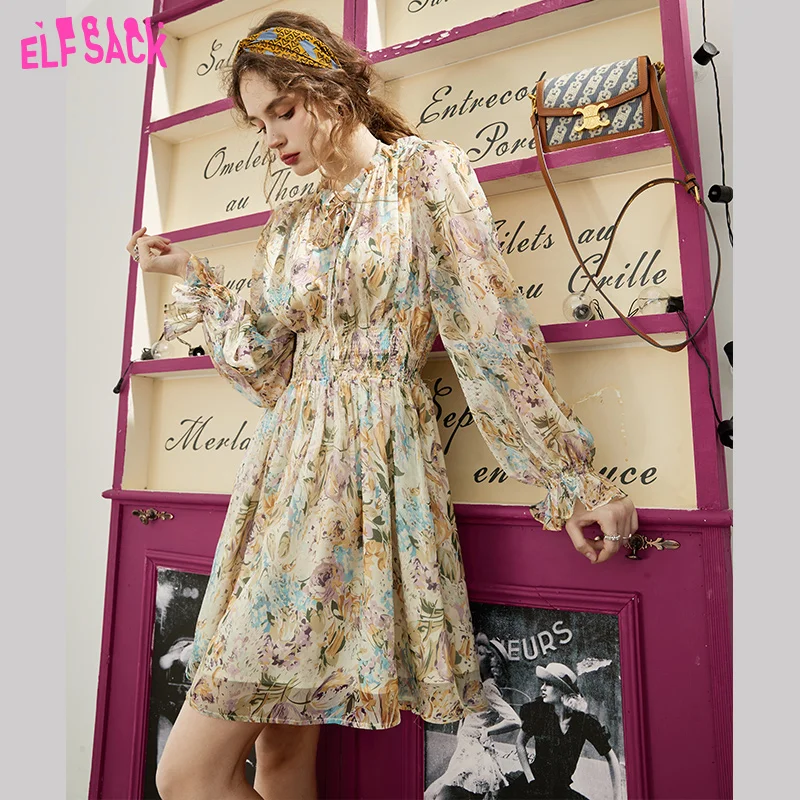 ELFSACK French Floral Dresses Women 2023 Spring Waist Long Sleeve Daily Dress