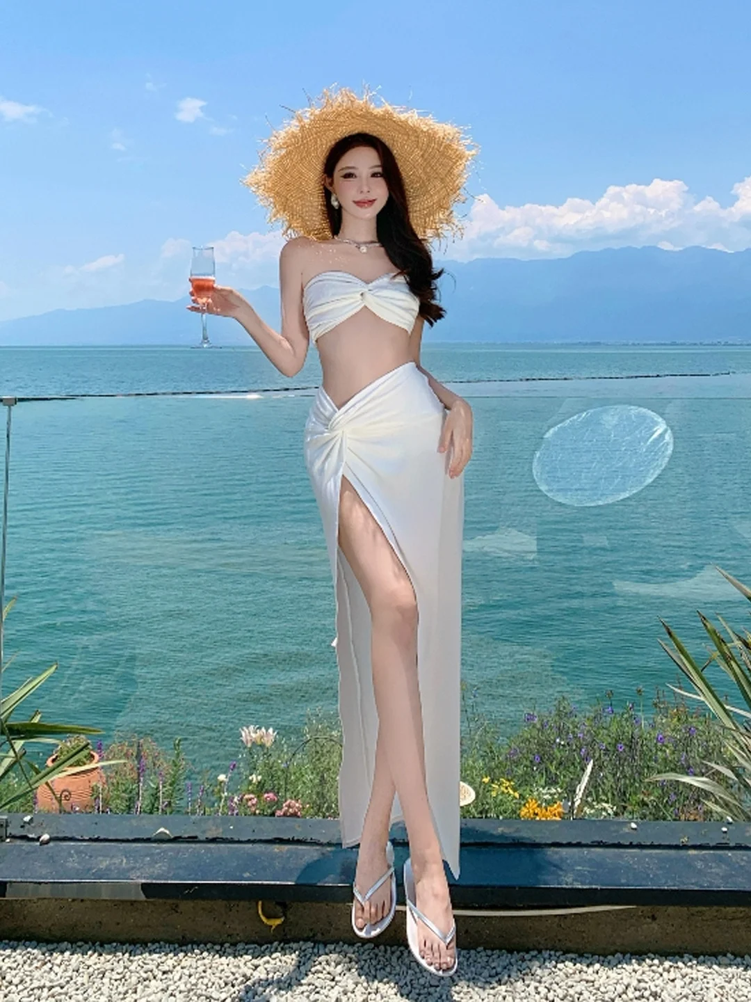 

Пляжный комплект Vaion, сексуальный комплект для девочек, топ на бретельках, женская облегающая юбка, длинная юбка с разрезом, комплект из двух предметов, летняя одежда