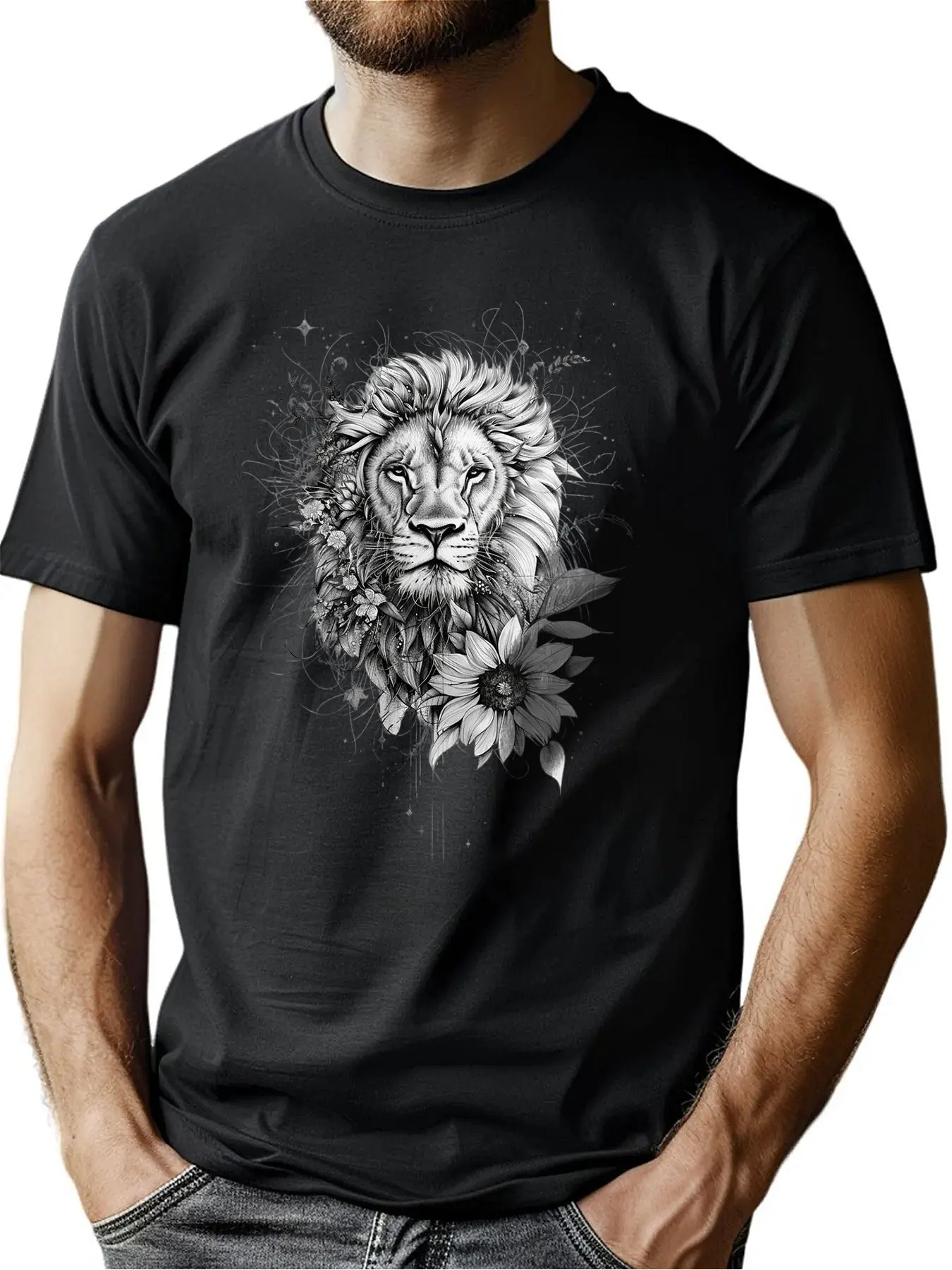 

Premium Cotton Men's Crew Neck Tee With Lion Floral Print Birthday Gift Outdoor Wear Machine Washable For Men