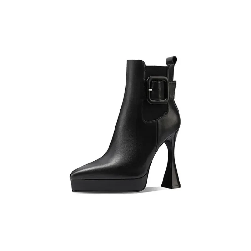 

European And American Top Layer Cowhide Banquet Runway Boots 2024 Women's Belt Buckle Decoration Simple High Heel Short Boots