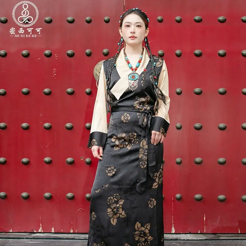 ใหม่เลซาของผู้หญิงอารมณ์โบราฤดูร้อนทิเบตชุดยาวทิเบตหม้อจวงกระโปรง