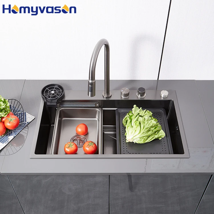 Modern Smart Nano Black Luxury Single Bowl Multifunctional Sus304 Stainless Steel Honeycomb Piano Key Waterfall Kitchen Sink