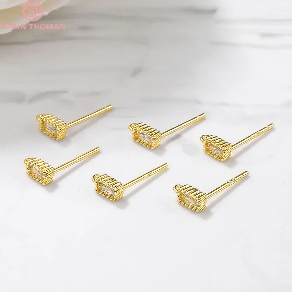 (2279)6PCS 3x7MM 24K Gold Color Brass with Zircon Rectangle Shape Stud Earrings High Quality Diy Jewelry Findings Accessories