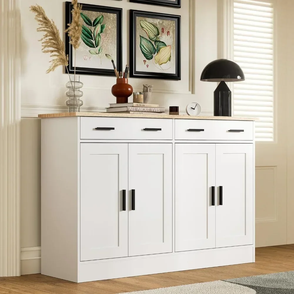 White Buffet Cabinet, Coffee Bar Cabinet with 2 Drawers & 4 Doors, Kitchen Buffet Sideboard for Living Room, Kitchen