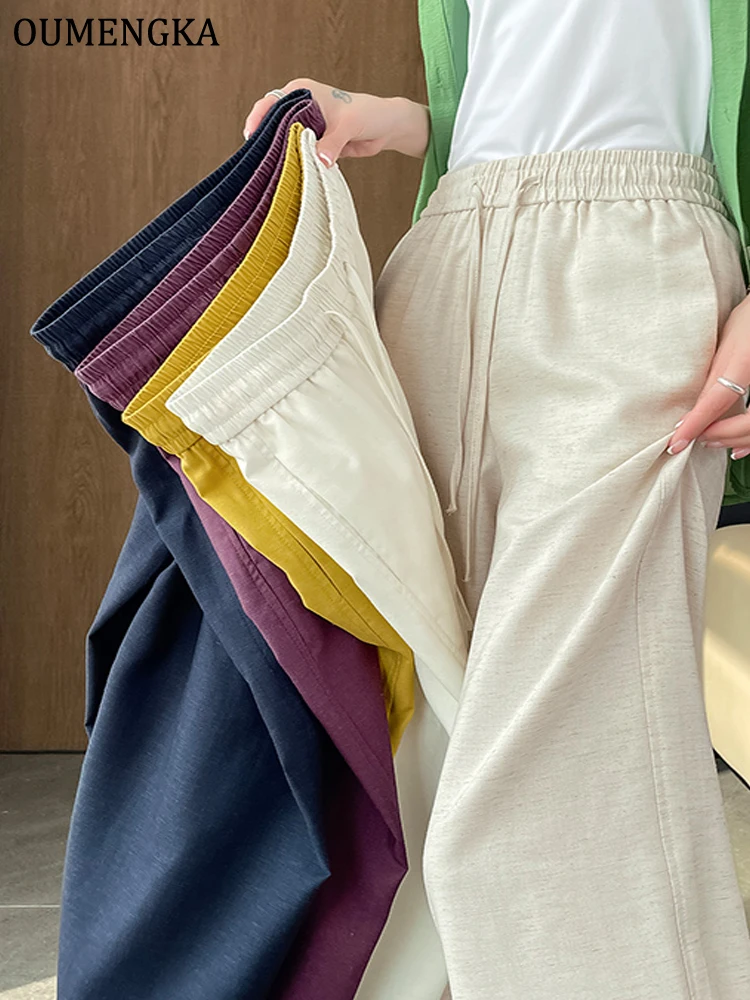 OUMENGKA French Summer Breathable New High Waist Draped Loose Straight Leg Linen Wide Leg Pants Casual Trousers for Women