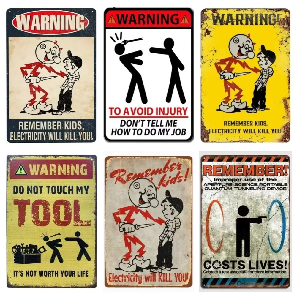 Retro Metal Remember Child Electricity Will Kill You Logo, Child Danger Warning Tin Aluminum Logo, Home School Wall Decoration