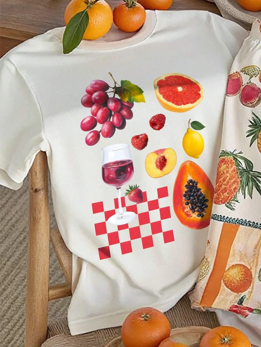 

Grapes Lemons Oranges Strawberries Papayas Fruits Print Women T-Shirts Summer O-Neck T Shirt Cotton Soft Clothes Y2K Hip Hop Top